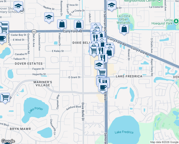 map of restaurants, bars, coffee shops, grocery stores, and more near 2041 Dixie Belle Drive in Orlando
