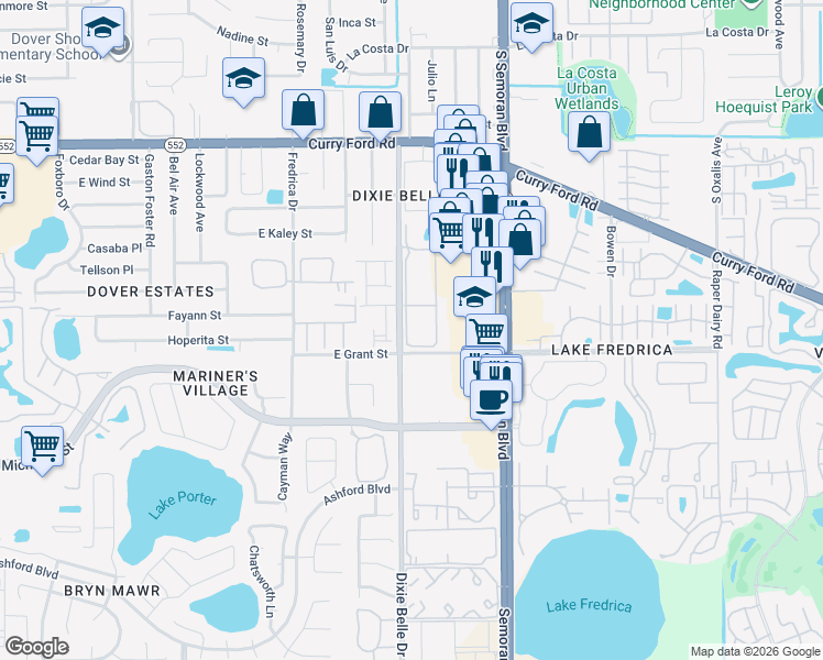 map of restaurants, bars, coffee shops, grocery stores, and more near 2041 Dixie Belle Drive in Orlando