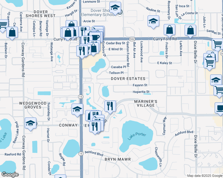 map of restaurants, bars, coffee shops, grocery stores, and more near 2272 Sofia Lane in Orlando
