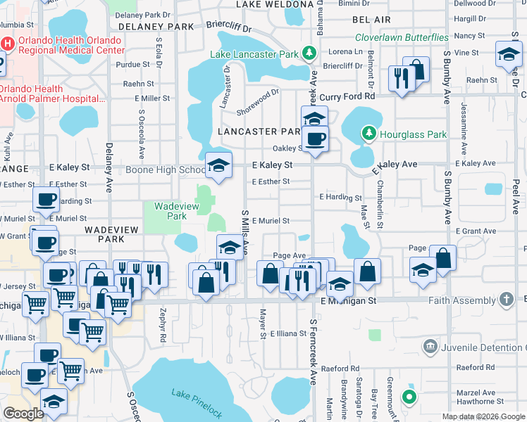map of restaurants, bars, coffee shops, grocery stores, and more near 1225 East Muriel Street in Orlando