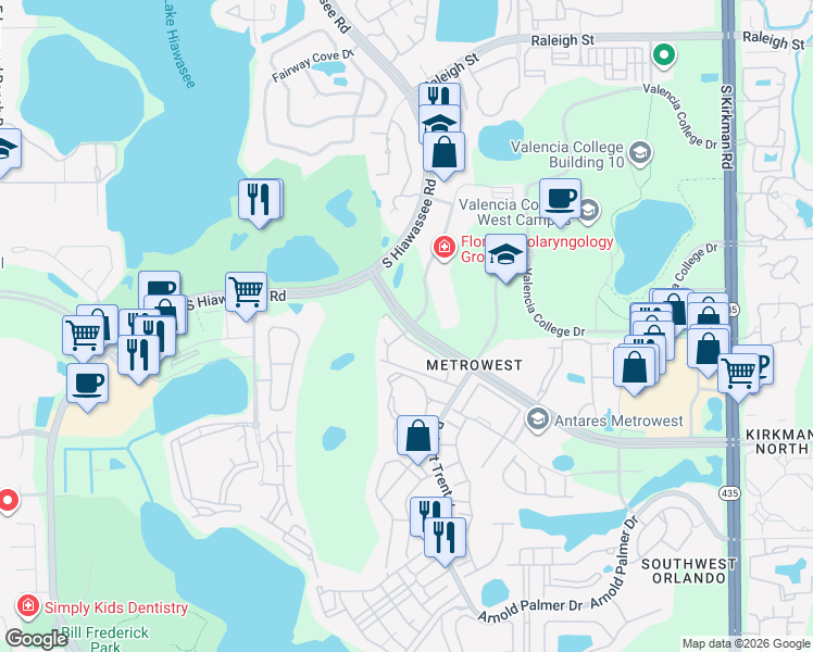 map of restaurants, bars, coffee shops, grocery stores, and more near 6500 Metrowest Boulevard in Orlando