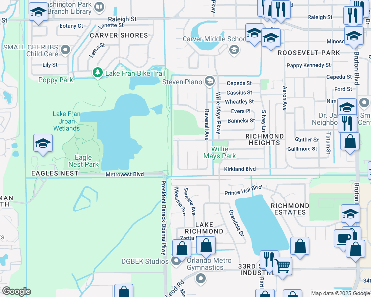 map of restaurants, bars, coffee shops, grocery stores, and more near 2026 La Due Court in Orlando