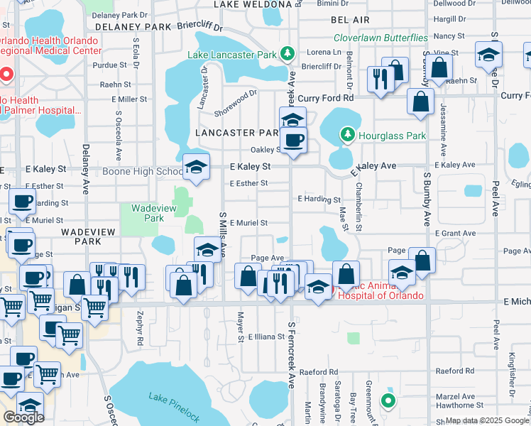 map of restaurants, bars, coffee shops, grocery stores, and more near 1408 East Harding Street in Orlando