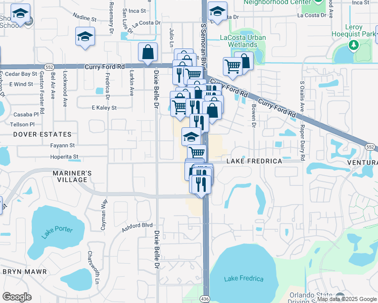 map of restaurants, bars, coffee shops, grocery stores, and more near 2274 South Semoran Boulevard in Orlando
