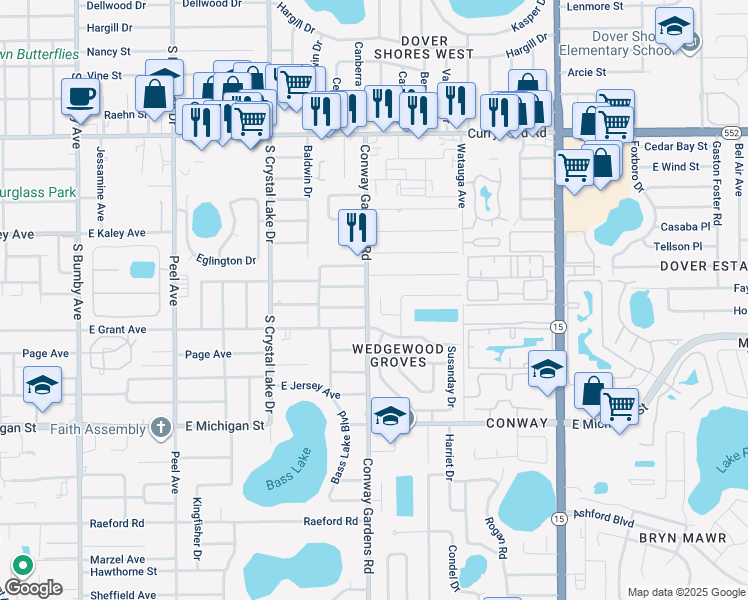 map of restaurants, bars, coffee shops, grocery stores, and more near 2206 Maryday Court in Orlando