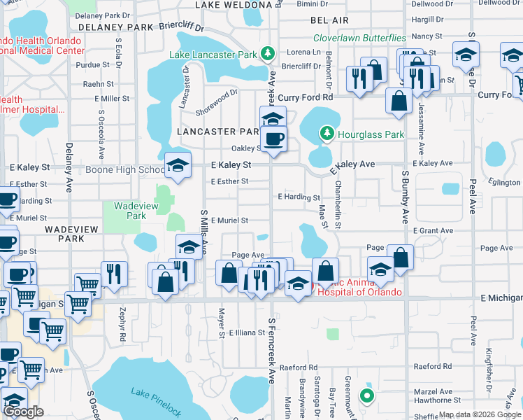 map of restaurants, bars, coffee shops, grocery stores, and more near 2106 South Ferncreek Avenue in Orlando