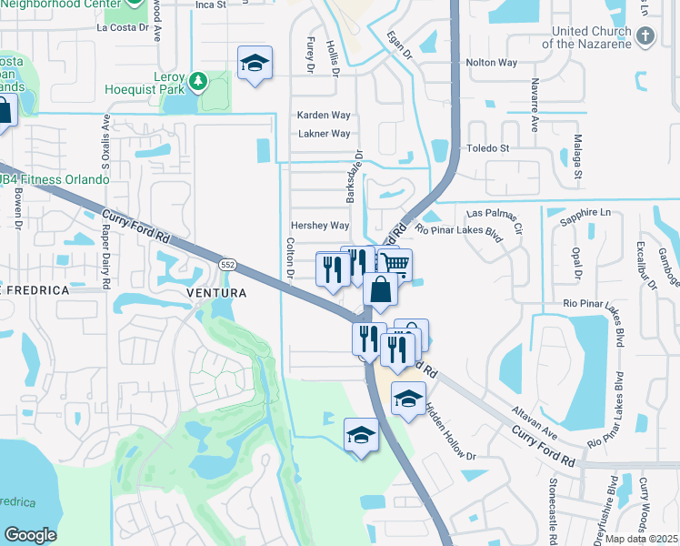 map of restaurants, bars, coffee shops, grocery stores, and more near 7119 Leighton Way in Orlando