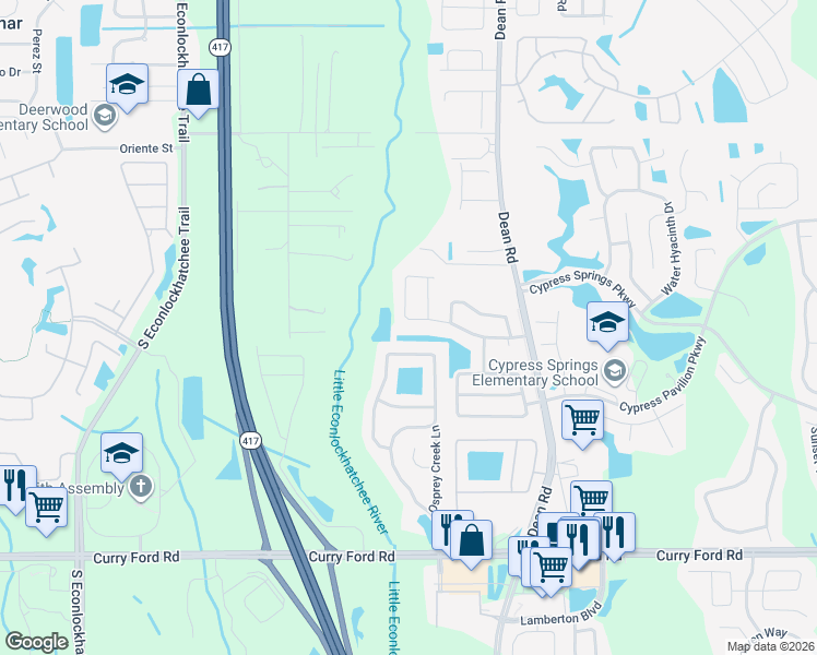 map of restaurants, bars, coffee shops, grocery stores, and more near 9824 Surrey Ridge Road in Orlando