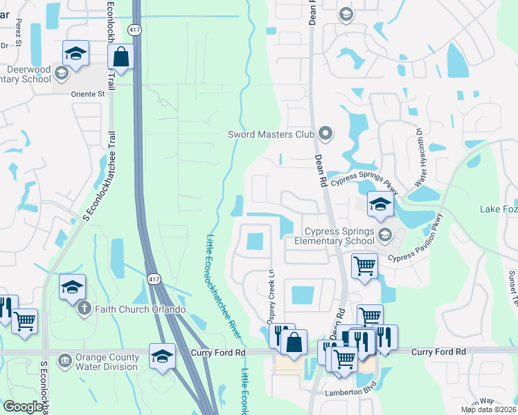map of restaurants, bars, coffee shops, grocery stores, and more near 9824 Surrey Ridge Road in Orlando