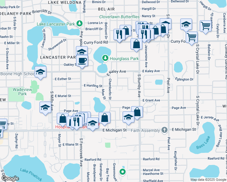 map of restaurants, bars, coffee shops, grocery stores, and more near 2007 Chamberlin Street in Orlando