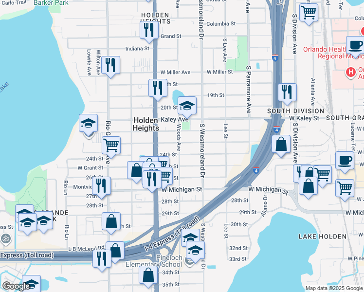map of restaurants, bars, coffee shops, grocery stores, and more near 2303 Woods Avenue in Orlando