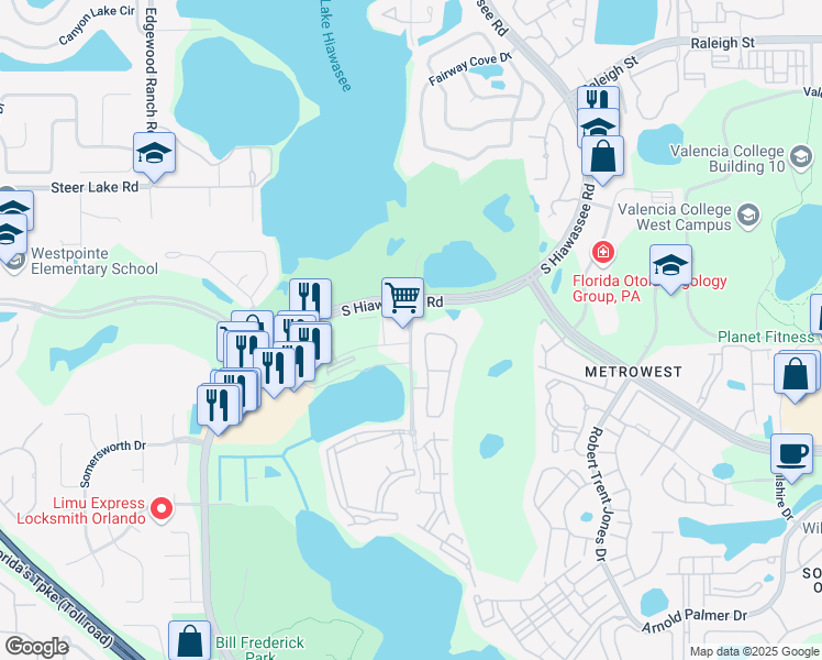 map of restaurants, bars, coffee shops, grocery stores, and more near 2121 South Hiawassee Road in Orlando