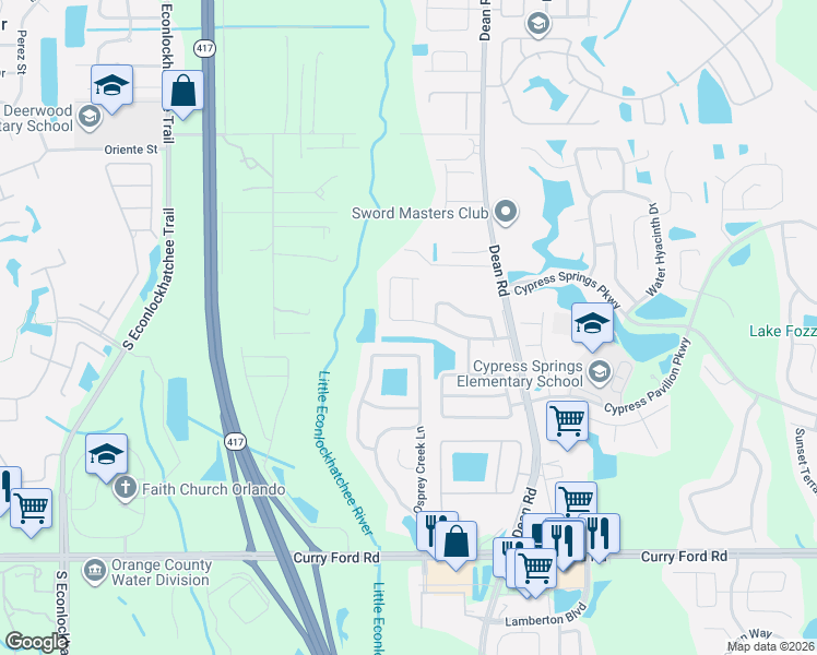 map of restaurants, bars, coffee shops, grocery stores, and more near 9824 Surrey Ridge Road in Orlando