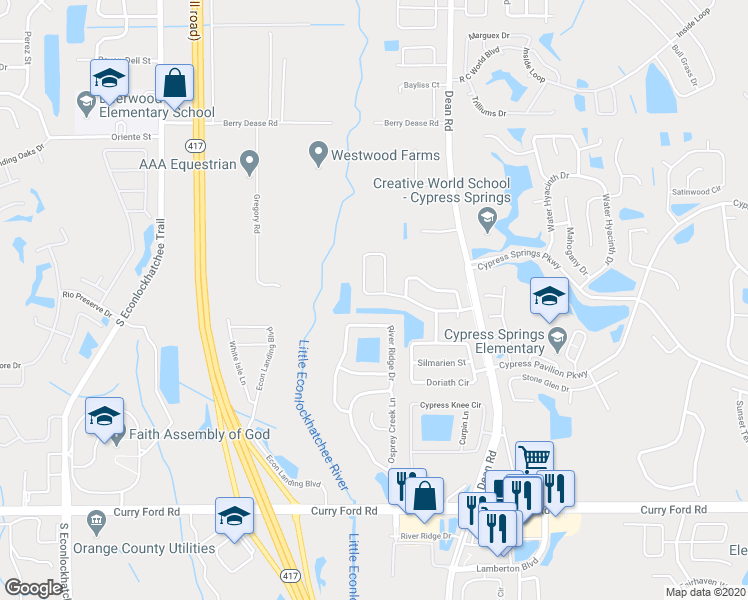 map of restaurants, bars, coffee shops, grocery stores, and more near 9824 Surrey Ridge Road in Orlando