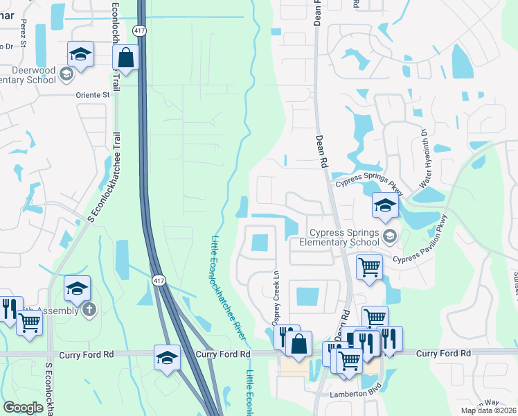 map of restaurants, bars, coffee shops, grocery stores, and more near 9824 Surrey Ridge Road in Orlando