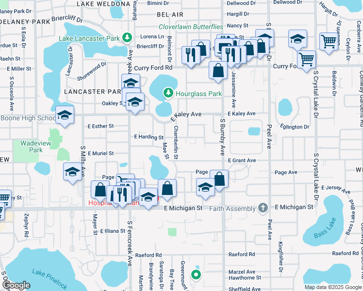 map of restaurants, bars, coffee shops, grocery stores, and more near 2007 Chamberlin Street in Orlando