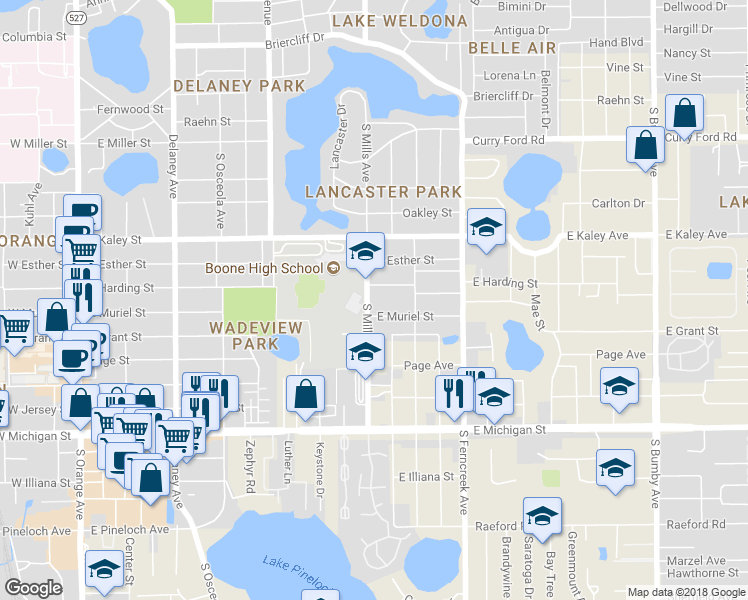 map of restaurants, bars, coffee shops, grocery stores, and more near 1225 East Muriel Street in Orlando