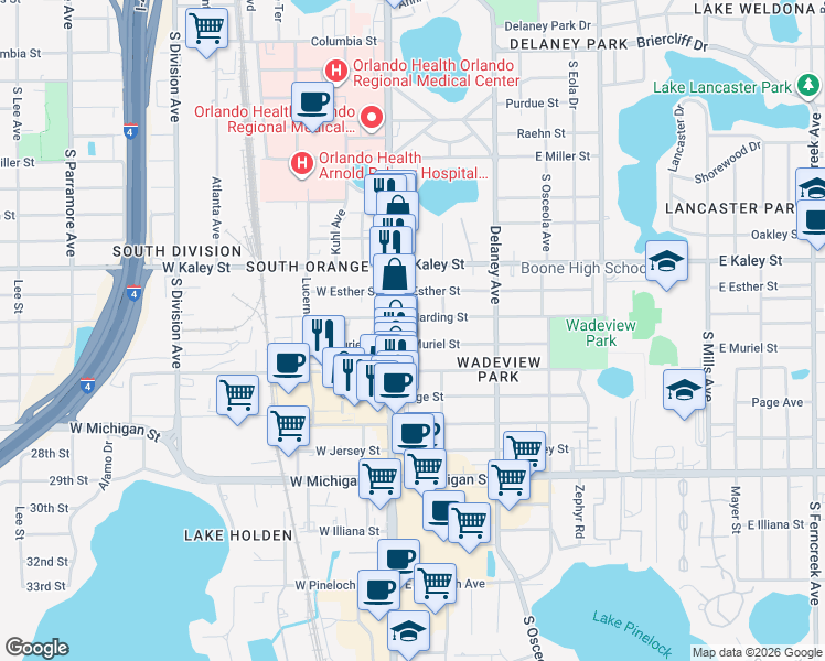 map of restaurants, bars, coffee shops, grocery stores, and more near 134 East Harding Street in Orlando