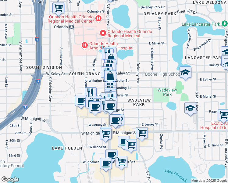 map of restaurants, bars, coffee shops, grocery stores, and more near 134 East Harding Street in Orlando