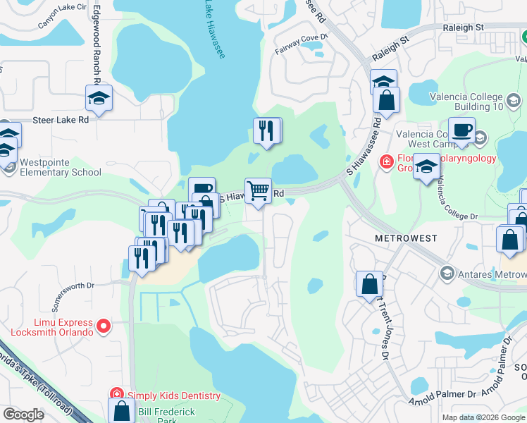 map of restaurants, bars, coffee shops, grocery stores, and more near 2121 South Hiawassee Road in Orlando