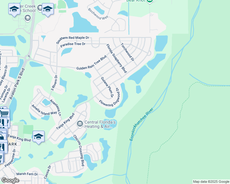 map of restaurants, bars, coffee shops, grocery stores, and more near 2451 Guiana Plum Drive in Orlando