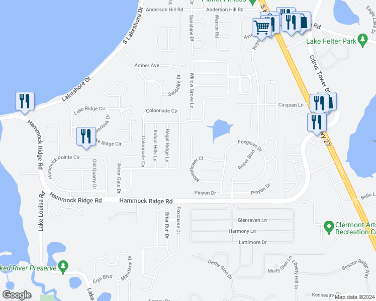 map of restaurants, bars, coffee shops, grocery stores, and more near 11717 Chapelle Court in Clermont