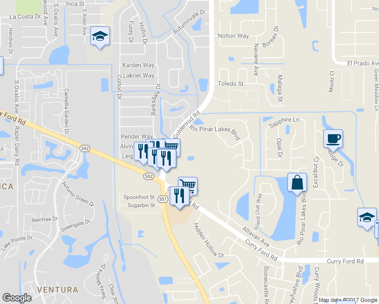 map of restaurants, bars, coffee shops, grocery stores, and more near 2143 South Goldenrod Road in Orlando