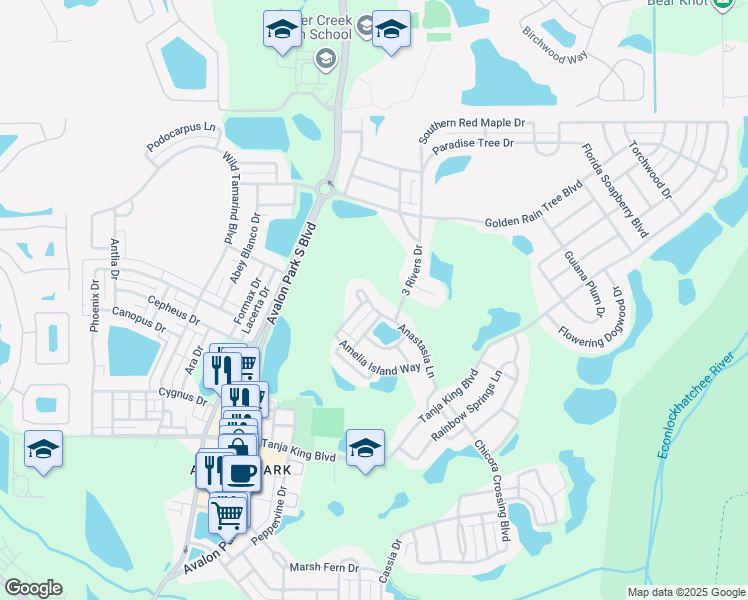 map of restaurants, bars, coffee shops, grocery stores, and more near 14103 Anastasia Lane in Orlando