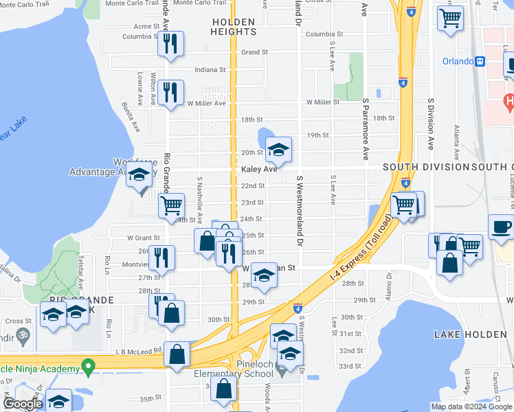 map of restaurants, bars, coffee shops, grocery stores, and more near 1222 23rd Street in Orlando