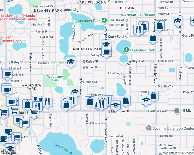 map of restaurants, bars, coffee shops, grocery stores, and more near 1408 East Harding Street in Orlando