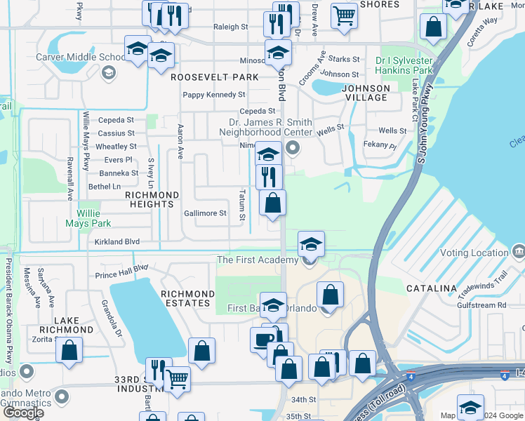 map of restaurants, bars, coffee shops, grocery stores, and more near 2121 Liston Court in Orlando