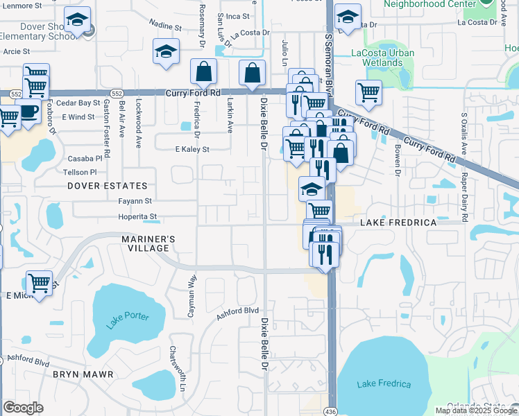 map of restaurants, bars, coffee shops, grocery stores, and more near 2211 Faxton Court in Orlando