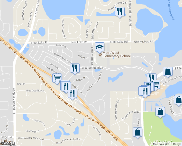 map of restaurants, bars, coffee shops, grocery stores, and more near 7600 Debeaubien Drive in Orlando