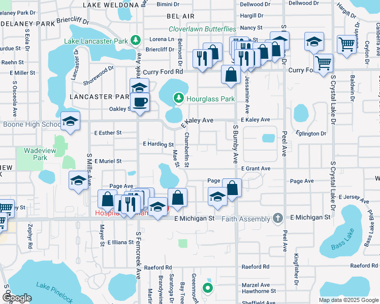 map of restaurants, bars, coffee shops, grocery stores, and more near 2007 Chamberlin Street in Orlando