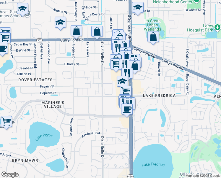 map of restaurants, bars, coffee shops, grocery stores, and more near 2041 Dixie Belle Drive in Orlando
