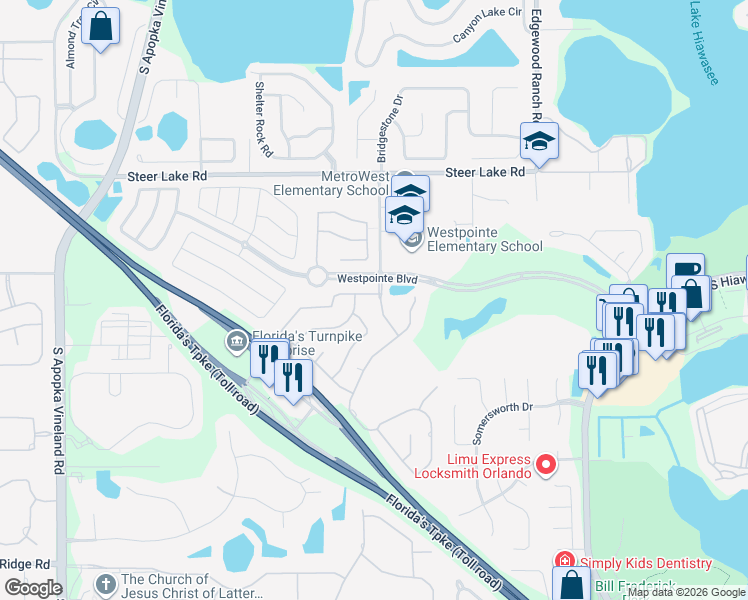 map of restaurants, bars, coffee shops, grocery stores, and more near 7600 Debeaubien Drive in Orlando