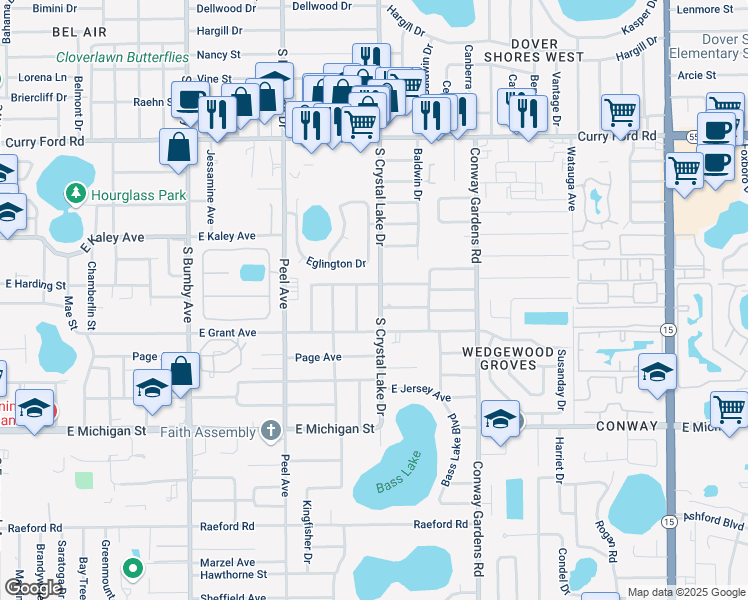 map of restaurants, bars, coffee shops, grocery stores, and more near 2108 South Crystal Lake Drive in Orlando
