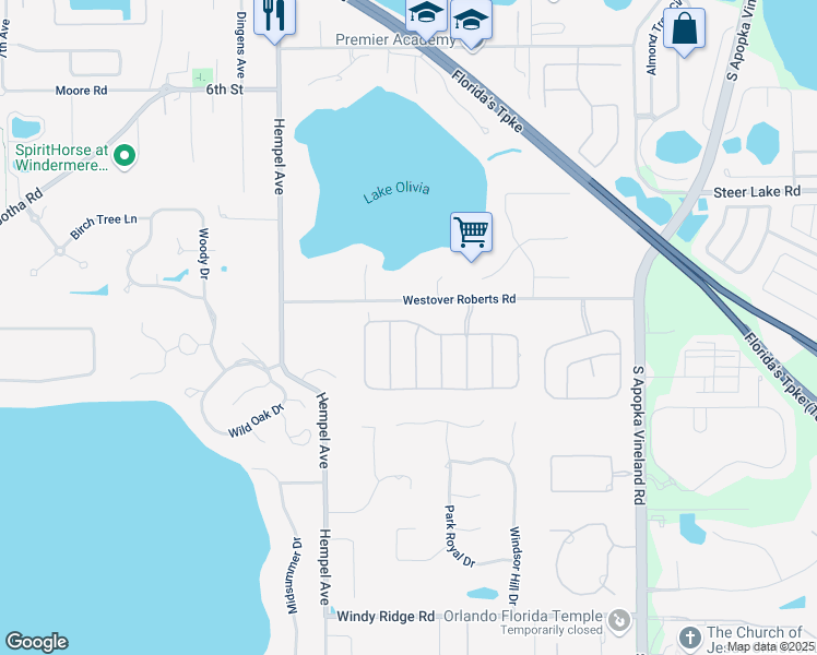 map of restaurants, bars, coffee shops, grocery stores, and more near 1902 Reed Hill Drive in Windermere
