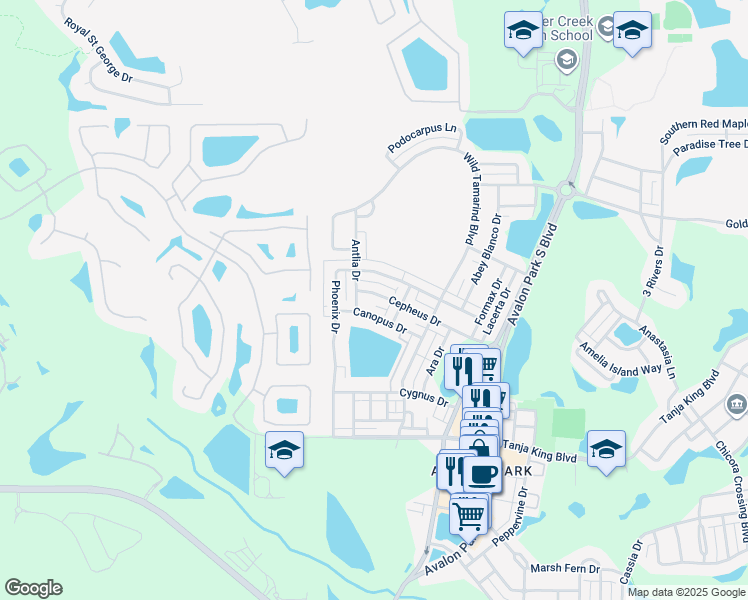 map of restaurants, bars, coffee shops, grocery stores, and more near 13632 Cepheus Drive in Orlando