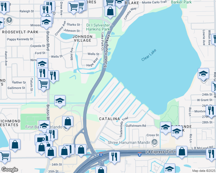 map of restaurants, bars, coffee shops, grocery stores, and more near 2309 Lauderdale Court in Orlando