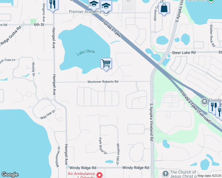 map of restaurants, bars, coffee shops, grocery stores, and more near 9609 Westover Club Circle in Windermere