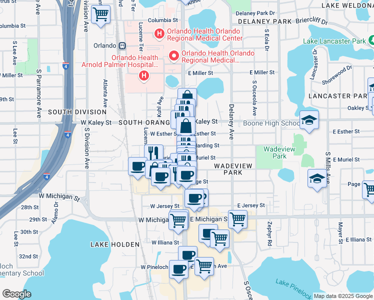 map of restaurants, bars, coffee shops, grocery stores, and more near 100 East Muriel Street in Orlando