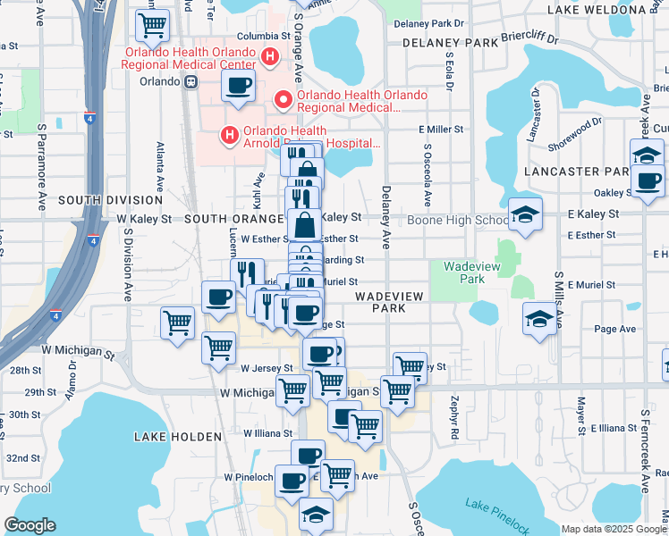map of restaurants, bars, coffee shops, grocery stores, and more near 134 East Harding Street in Orlando