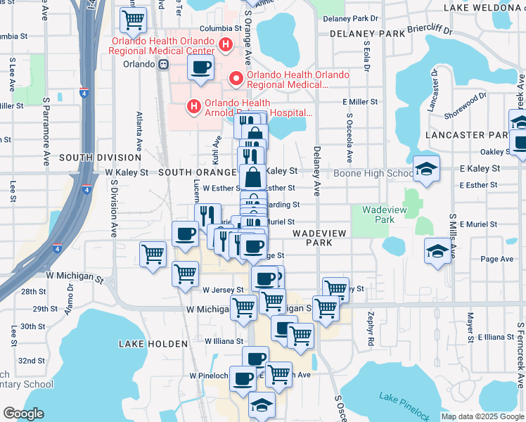 map of restaurants, bars, coffee shops, grocery stores, and more near 134 East Harding Street in Orlando