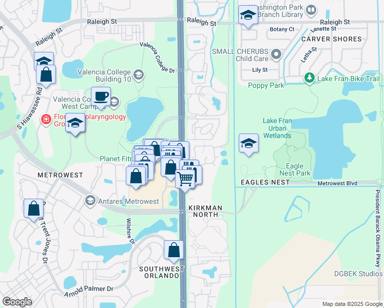 map of restaurants, bars, coffee shops, grocery stores, and more near 1935 South Kirkman Road in Orlando