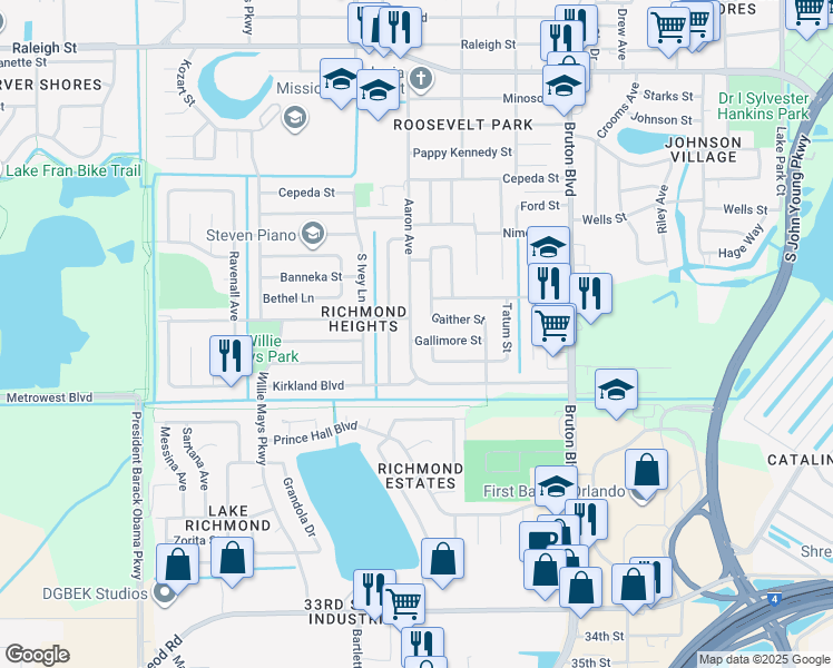 map of restaurants, bars, coffee shops, grocery stores, and more near 4285 Gallimore Street in Orlando