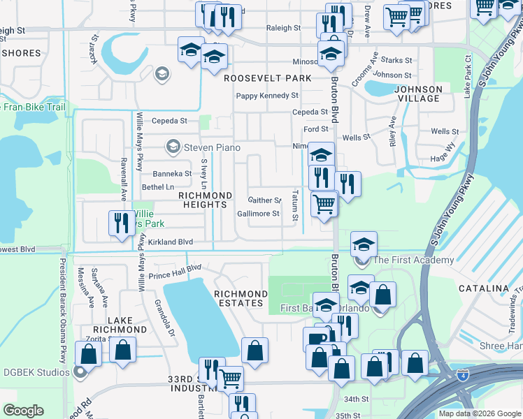 map of restaurants, bars, coffee shops, grocery stores, and more near 4213 Gallimore Street in Orlando