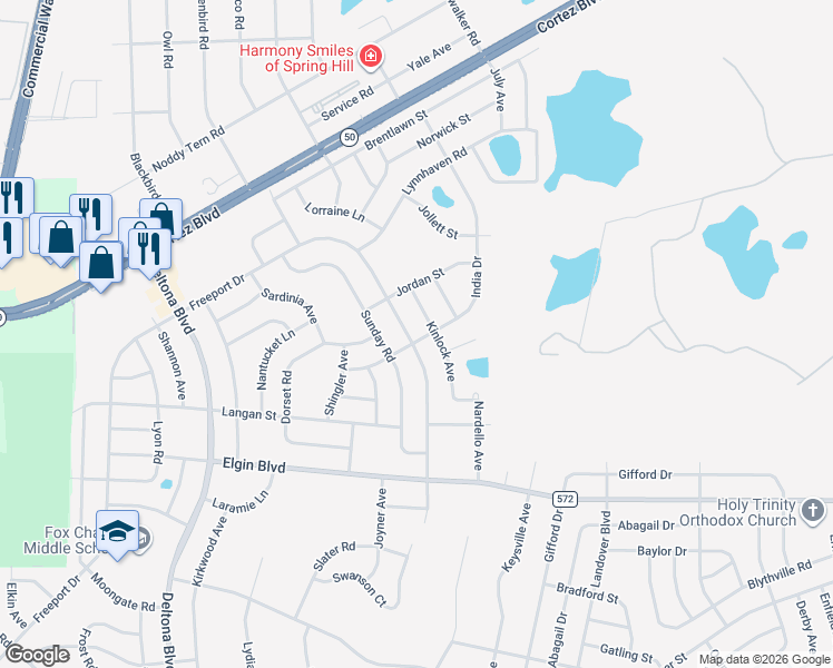 map of restaurants, bars, coffee shops, grocery stores, and more near 6527 Freeport Drive in Spring Hill
