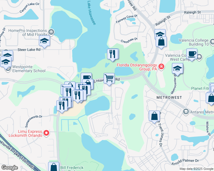 map of restaurants, bars, coffee shops, grocery stores, and more near 2121 South Hiawassee Road in Orlando