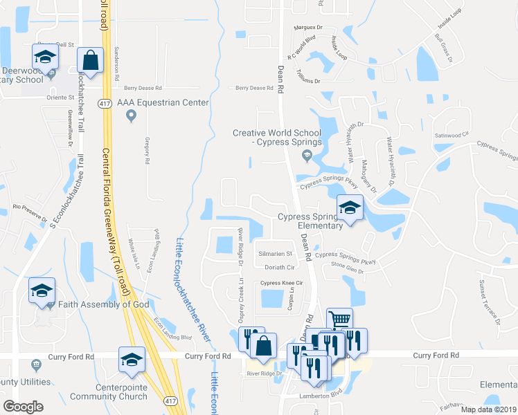 map of restaurants, bars, coffee shops, grocery stores, and more near 9909 Surrey Ridge Road in Orlando